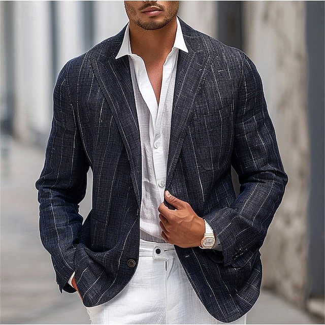  Herr Kavajjacka Utomhus Ledigt Utan foder Klassisk & Tidlös Elegant och modernt Vår & Höst 100% Linne Vertikala remsor Artistisk Stil Klassisk Stil Enkelknäppt med Ett Knapphål Blazer Svart Marinbl