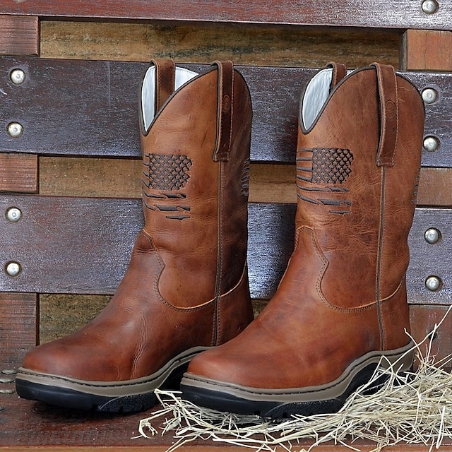 cowboyarbetsstövlar med präglade amerikansk flagga för män - slitstarka bruna västernstövlar i konstläder med robust sula för utomhus- och fritidskläder