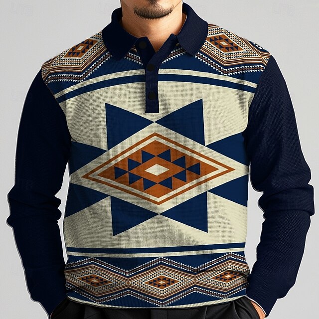 Men's Tribal Waffle Polo Shirts Golf Shirt Long Sleeve Polo Shirts Collared Shirts Casual Vacation Wear Party Outfits Buttons 3D Print Spring Fall Winter Blue4