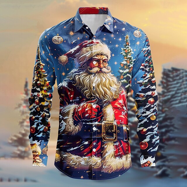 Christmas Men's Santa Claus Shirt Button Up Shirt Long Sleeve Casual Party Evening Wear Daily Fall Winter Spring & Summer Shirt Collar Button Up 3D Print Blue4