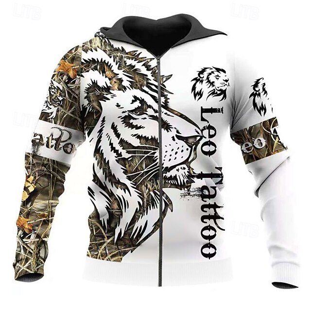  Herre Løve Grafiske trykk Hattetrøje Hettegensere Genser Gatemote Fritid Langermet Med hette Sport & Utendørs Daglig Sport Gul / Svart Svart & Gul Glidelås Trykt mønster Vår & Vinter Designer