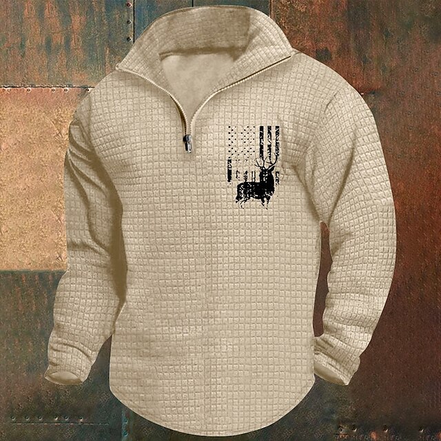  Men's Sweatshirt Waffle Sweatshirt Quarter Zip Sweatshirt White Wine Army Green Khaki Light Grey Half Zip Graphic Print Print Quarter Zip Christmas Daily Holiday Other Prints Polyester Streetwear