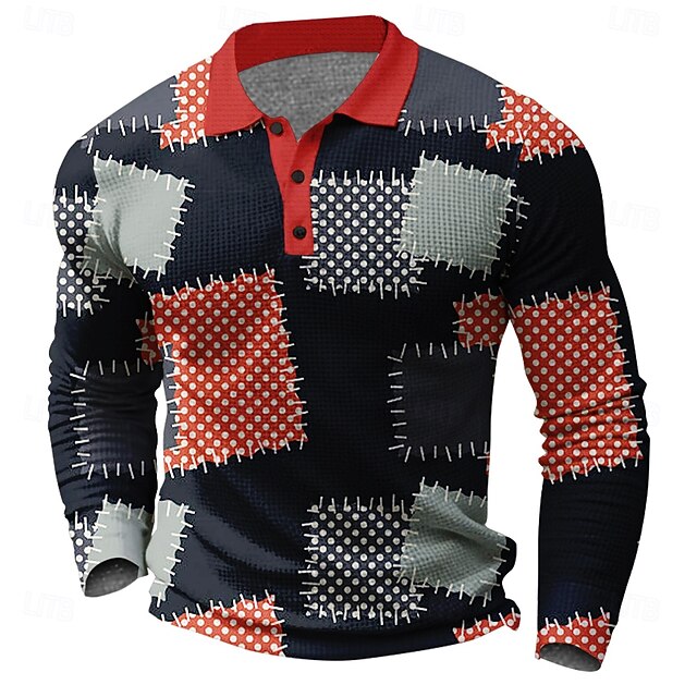 Men's Plaid Waffle Polo Shirts Golf Shirt Long Sleeve Polo Shirts Collared Shirts Vintage Casual Vacation Wear Formal Wear Festival Wear Buttons 3D Print Spring Fall Winter Black / Red4
