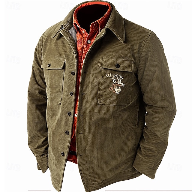  Homme Cowboy Chemise en Velours Côtelé Veste chemise Surchemise manche longue Rétro Vintage Tribal Quotidien Automne hiver Col rabattu Chemises à col Boutons Impression 3D 2 poches 1 pc Vert Véronèse