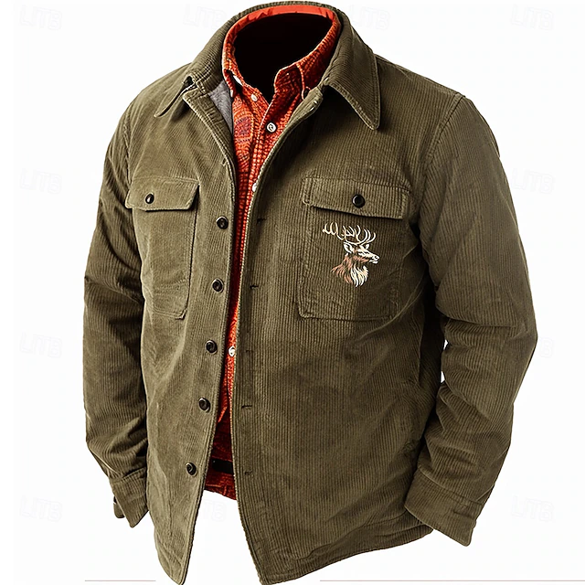 Men's Cowboy Corduroy Shirt Shirt Jacket Overshirt Long Sleeve Vintage Tribal Dailywear Fall & Winter Turndown Collared Shirts Buttons 3D Print 2 Pockets 1pc Army Green Navy Blue Brown 6