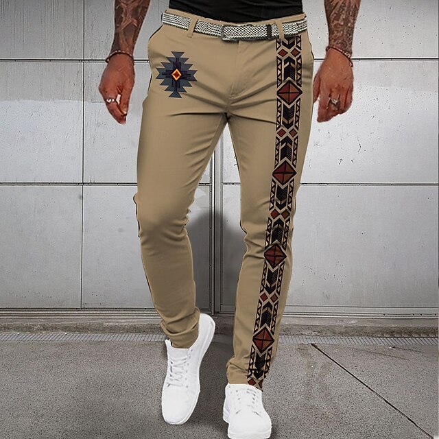 Men's Folk Dress Pants Mid Waist Vintage Tribal Casual Pocket Summer Spring Fall Brown4