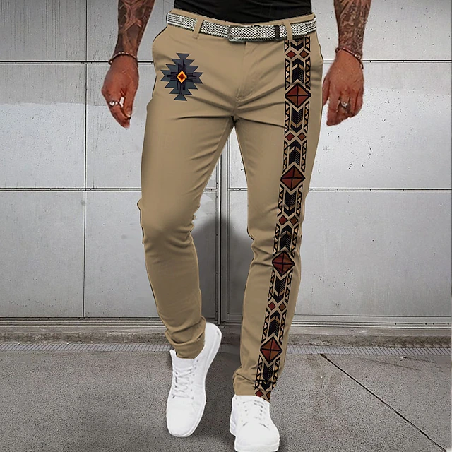 Men's Folk Dress Pants Mid Waist Vintage Tribal Casual Pocket Summer Spring Fall Brown4