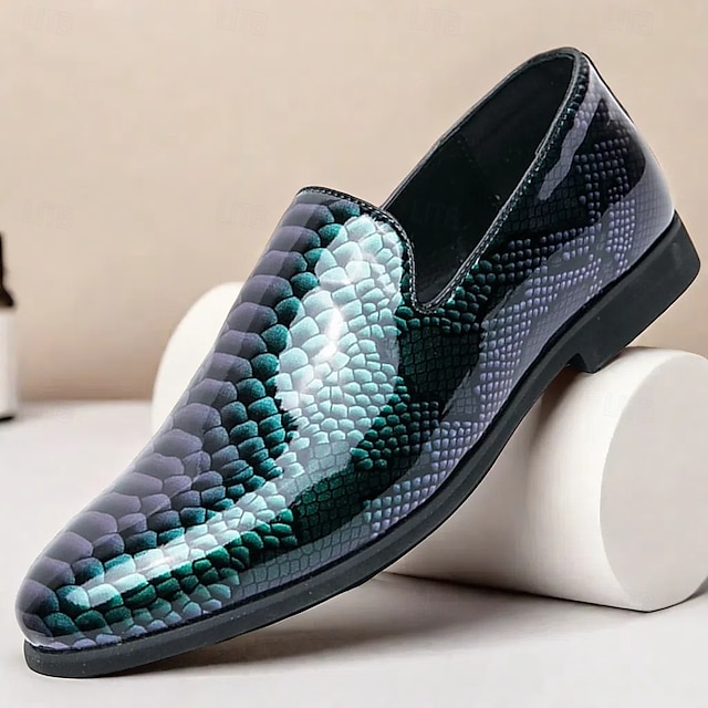  Men's Snakeskin Print Loafers – Stylish Green and Black Glossy Slip-On Shoes with Modern Design, Perfect for Formal and Semi-Formal Occasions