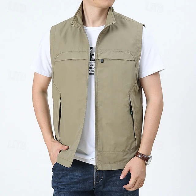 Men's Vest Gilet Fishing Vest Hiking Vest Daily Date Vacation Fashion Casual Spring & Fall Pocket Nylon Comfortable Mountain Zipper Stand Collar Regular Fit Black Khaki Army Green Dark Blue Vest 10
