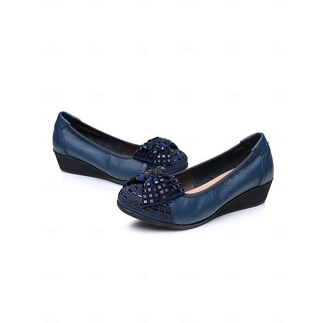 Women's Leather Wedge Flats with Decorative Bow and Embellished Toe
