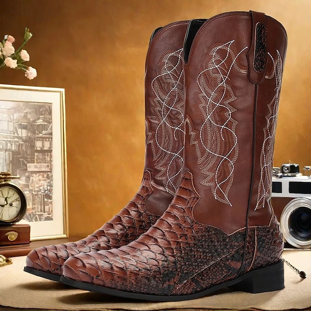  pánské hnědé westernové kovbojské boty se vzorem hadí kůže a vyšívaným dříkem – boty z umělé kůže ve vintage stylu pro rodeo a běžné nošení