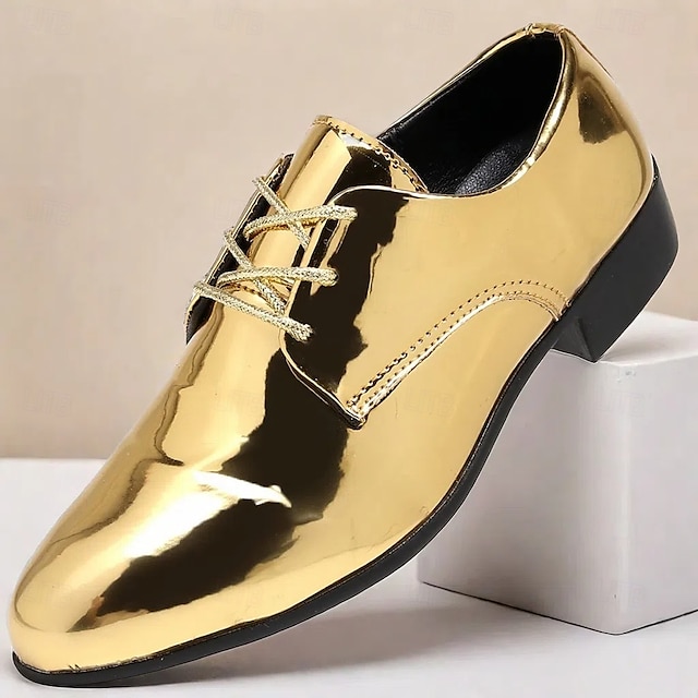  Men's Shiny Gold Lace-Up Dress Shoes - Sleek Formal Oxford Shoes for Parties, Events, and Performances