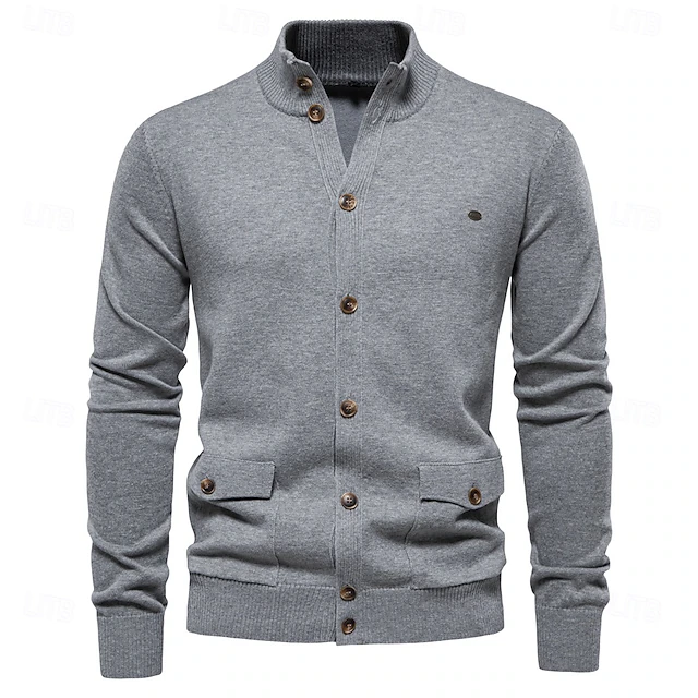 New Mens Knit Stand Mock Neck Cotton Cardigan Casual Social Autumn Button-up Sweater Jacket for Men 10