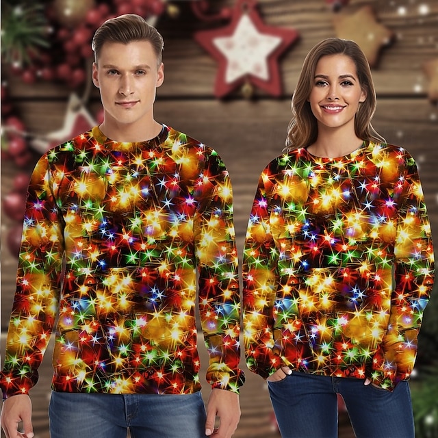  Jul Julbelysning Pullover Rolig jultröja 3D-utskrift 3D Jul Framficka Grafisk Till Par Herr Dam Vuxna Jul Maskerad 3D-utskrift Fest Festival