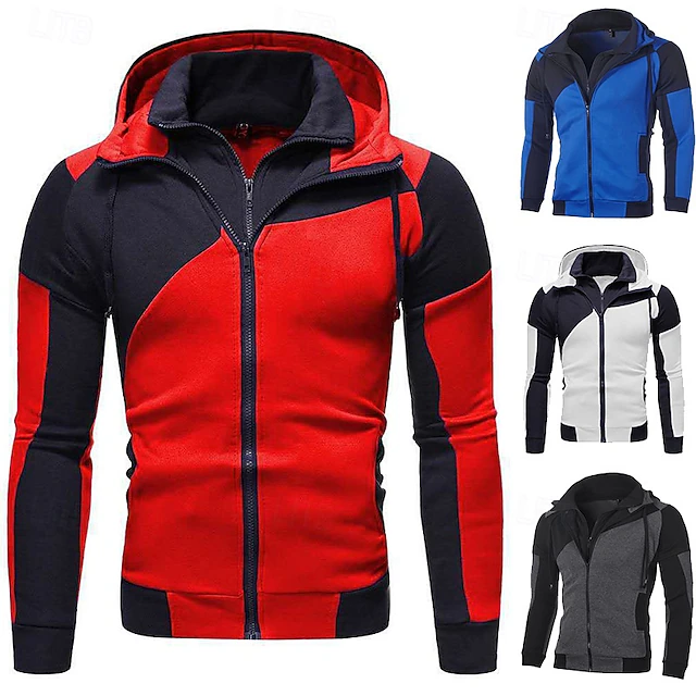 Men's Full Zip Hoodie Zip Up Hoodie Fleece Hoodie White Red Blue Gray Hooded Color Block Zip Up Patchwork Pocket Sports & Outdoor Daily Holiday Polyester Streetwear Basic Casual Fall & Winter 12