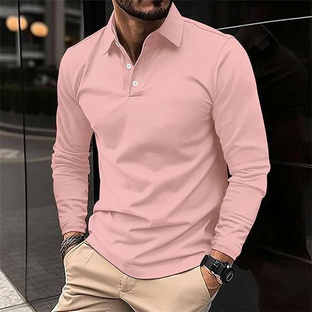 Men's Golf Shirt Golf Polo Work Casual Lapel Long Sleeve Basic Modern Plain Button Spring & Fall Regular Fit Wine Black White Pink Navy Blue Green Golf Shirt 14