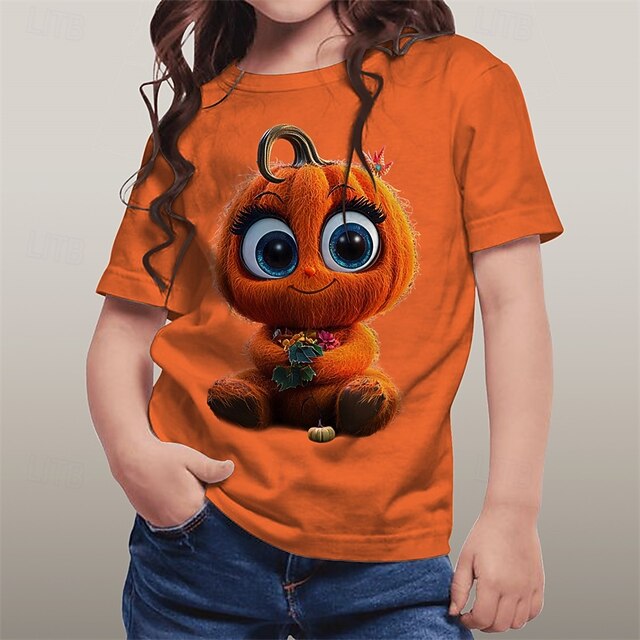 Halloween Girls' 3D Graphic Cartoon Pumpkin T shirt Tee Short Sleeve Summer Spring Fashion Basic Polyester Kids 4-12 Years Crew Neck Outdoor Casual Daily Regular Fit4