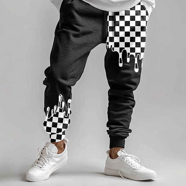Men's Plaid / Check Sweatpants Joggers Pants Trousers Mid Waist Drawstring Elastic Waist Fashion Business Casual Street Dailywear Pocket Spring Fall Winter 3D Print Black4