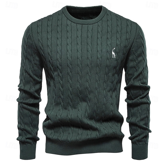  maglione da uomo in cotone con ricamo giraffa, girocollo, classico pullover lavorato a maglia con motivo a torsione per uomo