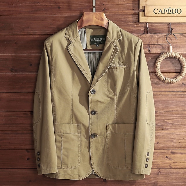  Men's Blazer Business Cocktail Party Wedding Party Fashion Casual Spring &  Fall Polyester Plain Button Pocket Comfortable Single Breasted Blazer Black khaki Army Green