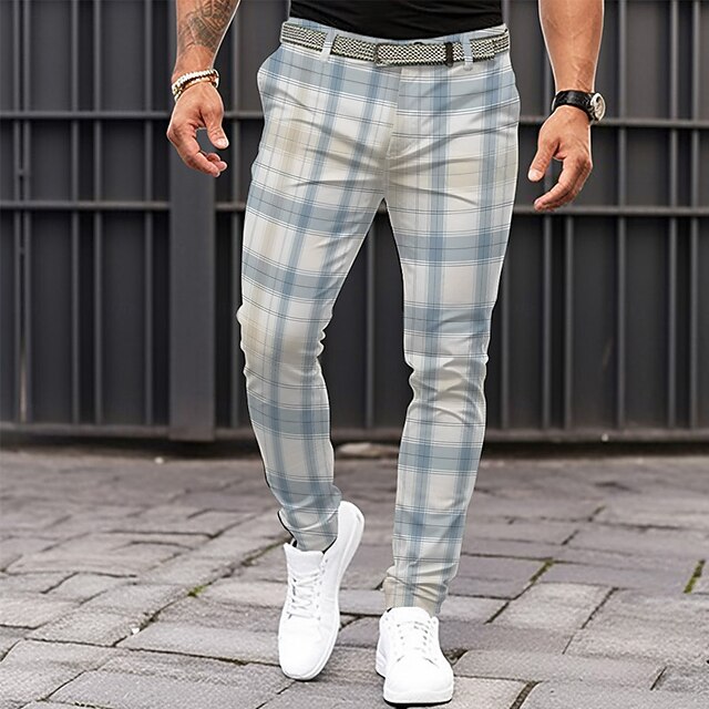 Men's Plaid Dress Pants Mid Waist Business Casual Formal Dailywear Pocket Summer Spring Fall Light Blue4