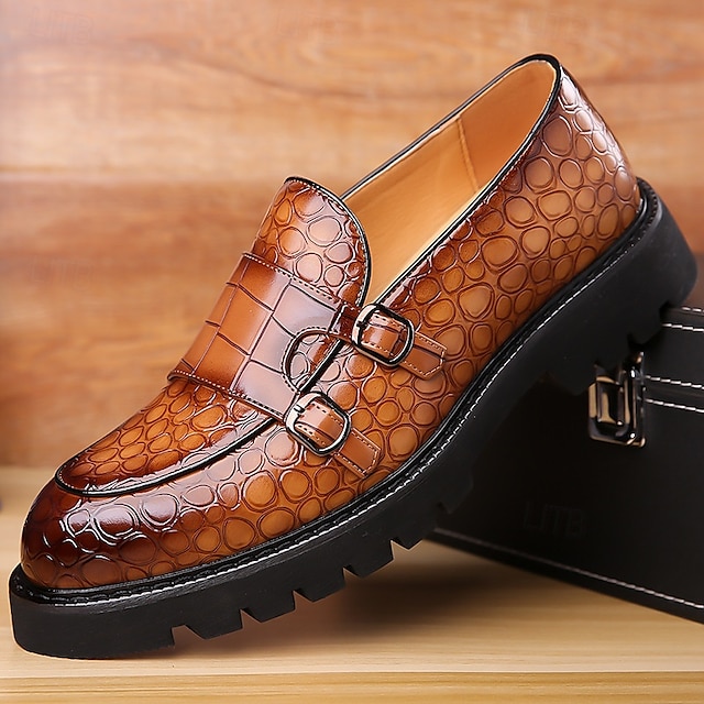  Mocassins en similicuir marron à motif crocodile pour hommes avec double boucle et semelle robuste – chaussures habillées haut de gamme pour les occasions formelles et décontractées