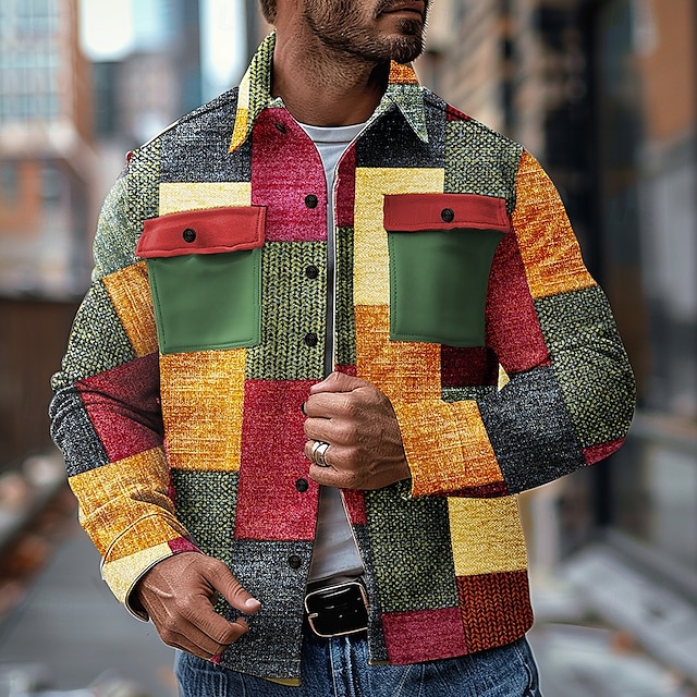  Férfi Színes Mértani formák Tehenészfiú Ingkabát Overshirt Hosszú ujj Szüret Alkalmi Hétköznapi viselet Alkalmi Ősz & tél Galléros ingek Gombok 3D nyomtatás 2 zseb Multi Color
