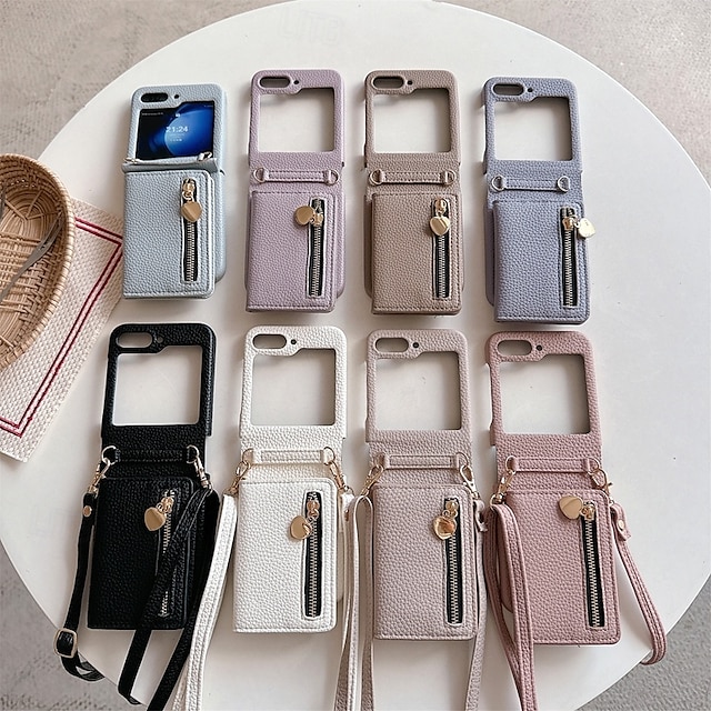  Phone Case For Z Flip 5 Z Flip 4 Z Flip 3 Back Cover with Stand Holder Zipper with Lanyard Retro TPU PU Leather
