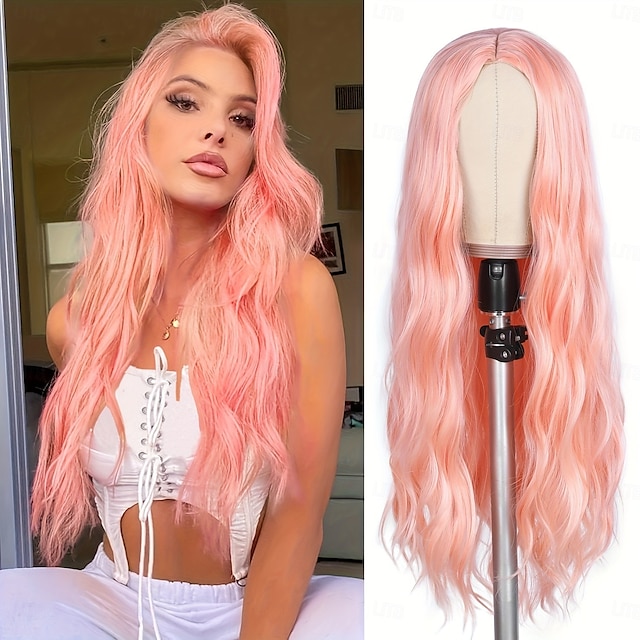  perruque longue ondulée en cheveux synthétiques d'aspect naturel et doux au toucher