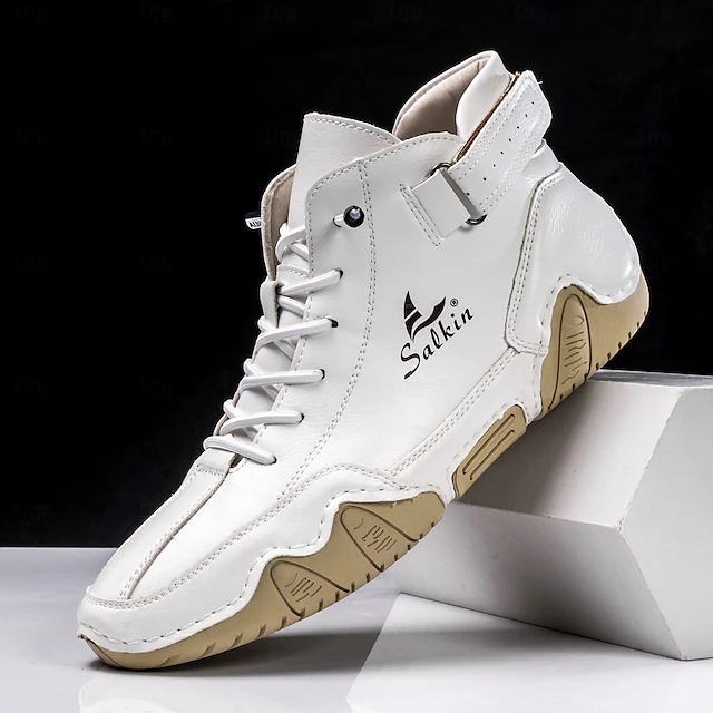 Men's Faux Leather High-Top Sneakers – Hand-Stitched White Lace-Up Shoes with Buckle Detail and Durable Sole for Casual and Urban Fashion 31