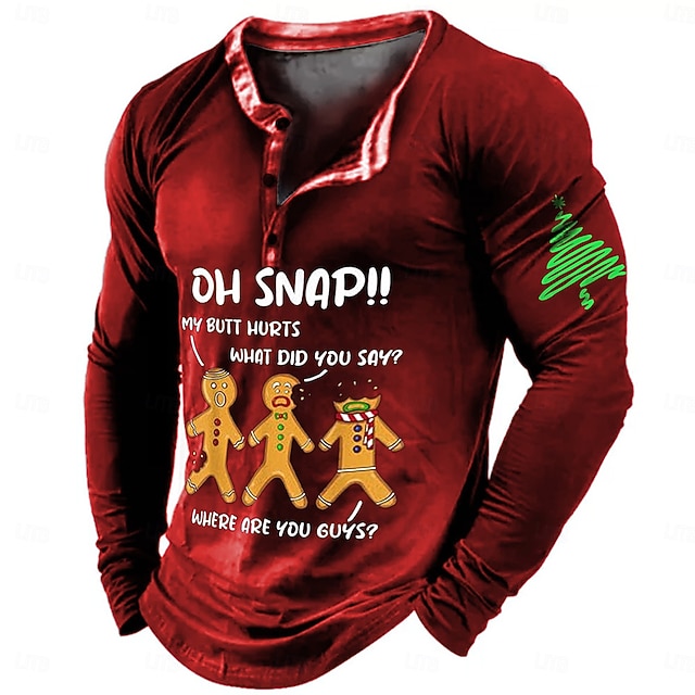  karácsonyi férfi mézeskalács férfi Henley póló levél betűk mézeskalács férfi levél nyomtatott divat divat napi 3d nyomtatás Henley hosszú ujjú utcai hétköznapi piros sötétkék szürke hosszú ujjú