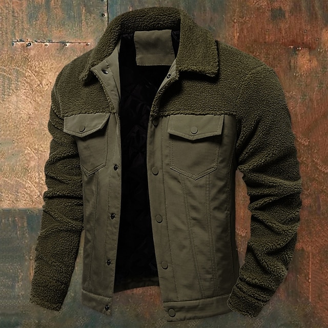 Men's Fleece Jacket Work Jacket Outdoor New Year Thermal Warm Patchwork Pocket Winter Spring & Fall Cross-Seasons Patchwork Fashion Streetwear Turndown Navy Blue Khaki Army Green Jacket 13