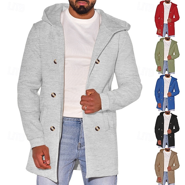  Herr Peacoat Trenchcoat Dagligen Semester Höst vinter 50% bomull Håller värmen Ytterkläder Kläder Mode Klassisk Slät Ficka Huva Dubbelknäppt
