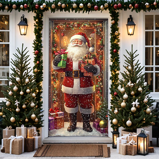 Christmas Door Decorations Door Covers Xmas Santa Door Tapestry Door Curtain Decoration Backdrop Door Banner for Front Door Farmhouse Christmas Holiday Party Decor Supplies Gift Indoor/Outdoor 18