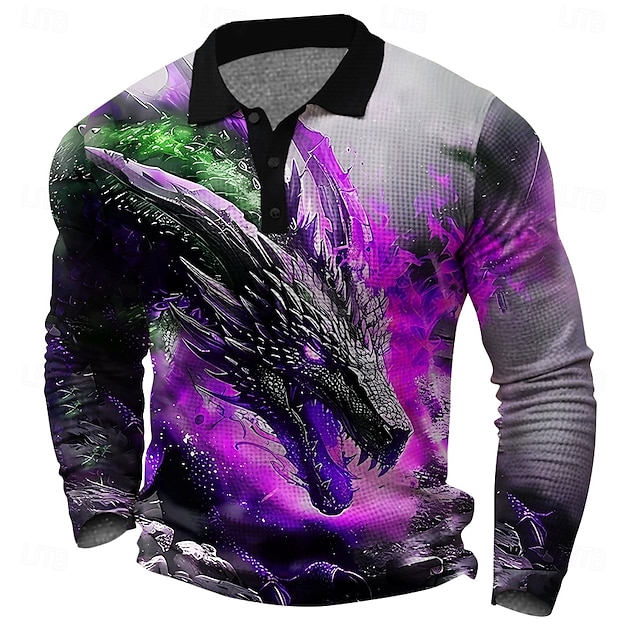  Herren Drache Waffel-Poloshirts Golfshirt Langarm Polo-Shirts Hemden mit Kragen Lässig Lustig Streetwear Urlaubskleidung Party-Outfits Knöpfe 3D-Druck Frühling Herbst Winter Goldgelb Rote Blau