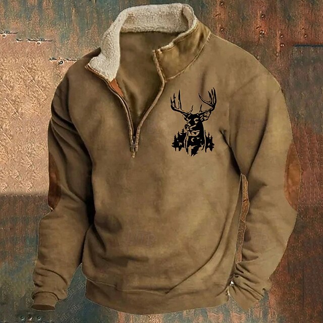 Men's Sweatshirt Quarter Zip Sweatshirt Black Brown Gray Half Zip Color Block Reindeer Patchwork Sports & Outdoor Daily Holiday Polyester Vintage Basic Casual Fall & Winter Clothing Apparel Hoodies4