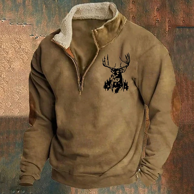Men's Sweatshirt Quarter Zip Sweatshirt Black Brown Gray Half Zip Color Block Reindeer Patchwork Sports & Outdoor Daily Holiday Polyester Vintage Basic Casual Fall & Winter Clothing Apparel Hoodies4