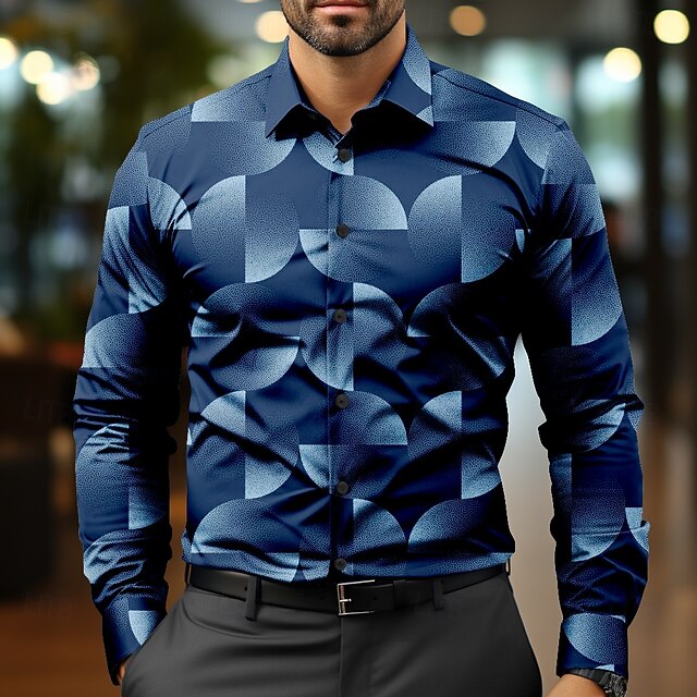 Men's Circle Geometric Pattern Dress Shirt Button Up Shirt Long Sleeve Business Casual Business Daily Fall Winter Spring & Summer Shirt Collar Button Up 3D Print Blue4