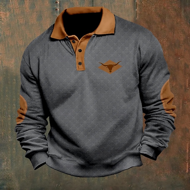  Herre Kveg Cowboy Poloskjorter Pullover Langermet Poloskjorter Krage Årgang Fritid utendørs Gateklær 3D-utskrift Knapper Høst vinter Svart Hvit Kakifarget
