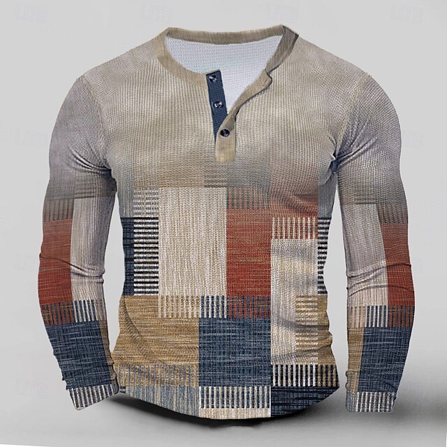 Men's New Year Faux Patchwork Pattern Henley Shirt Long Sleeve 3D Printing Casual Party Street Casual Winter Spring & Fall Gray Henley Henley T-Shirt4