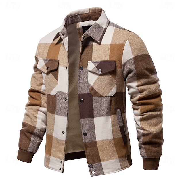  Per uomo Giacca da camicia Giacca sportiva Giacca in pile di flanella Casual / quotidiano Sexy Autunno inverno Color Block A quadri / A righe / Chevron Informale Bavero Standard Nero Blu reale Cachi