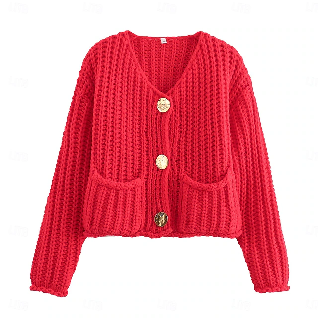 Women's Cardigan Fashion Streetwear Daily Solid Color Chunky Crew Neck Knitted Long Sleeve Cropped Knit Work Going out White Red Fall Winter 7