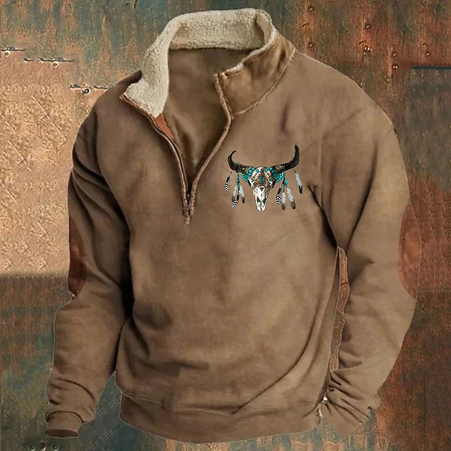 Men's Sweatshirt Quarter Zip Sweatshirt Black Navy Blue Brown Gray Half Zip Graphic Cow Print Print Quarter Zip Christmas Daily Holiday Other Prints Polyester Streetwear Casual Fall Winter Clothing 5