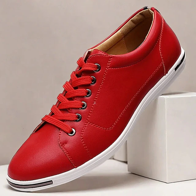 Men's Red Lace-Up Casual Sneakers with White Sole - Stylish Faux Leather Shoes for Everyday Wear 14