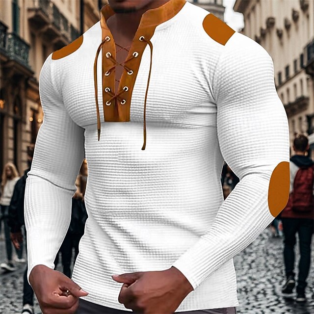  Herren T Shirt Henley Hemd T-Shirt Waffelstrick T-Shirt Langarm Gebänderter Kragen Frühling & Herbst Braun Mode Designer Basic Schnürung Patchwork Urlaub Straße Ausgehen Aprikose Schwarz Weiß Top