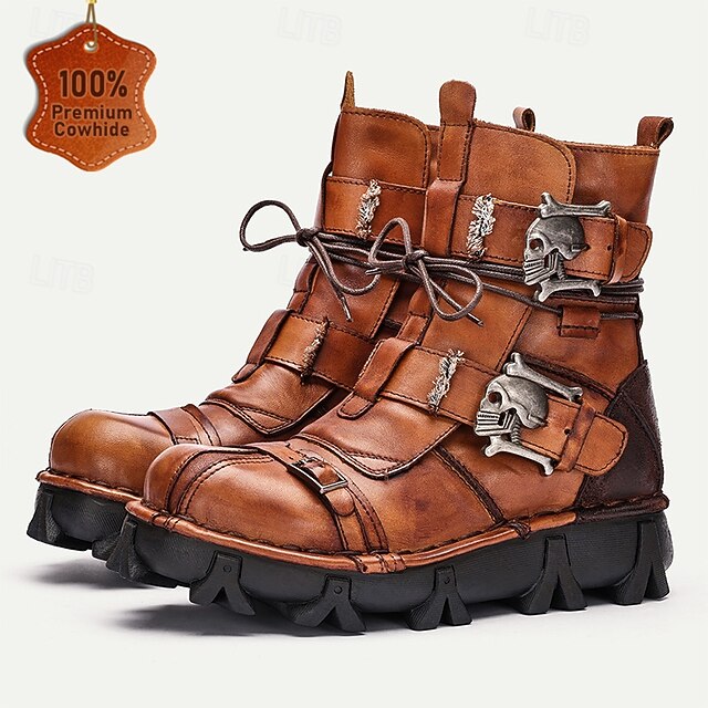 Men's Gothic Steampunk Skull Buckle Combat Boots with Rugged Sole - Vintage Brown Leather Lace-Up Ankle Boots for Bikers and Cosplay 9