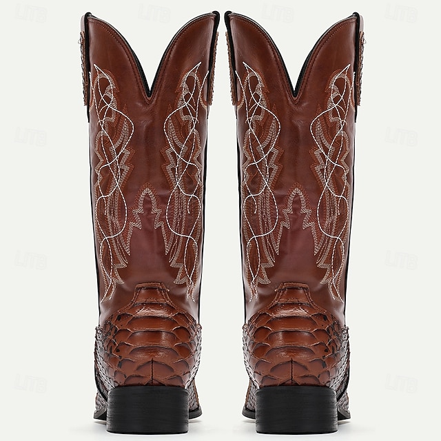 Men's Brown Western Cowboy Boots with Snakeskin Pattern and Embroidered ...