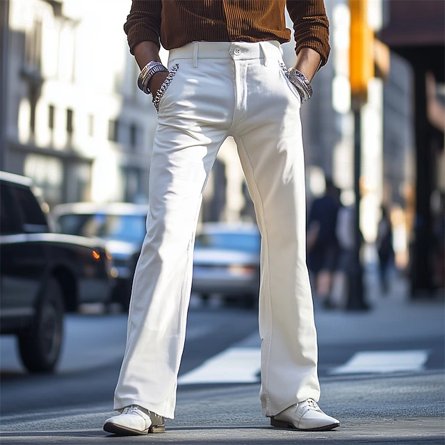 Men's Dress Pants Corduroy Pants Flared Pants Bell Bottom Trousers Pocket Plain Comfort Soft Full Length Business Daily Holiday Elegant Fashion White Brown 9