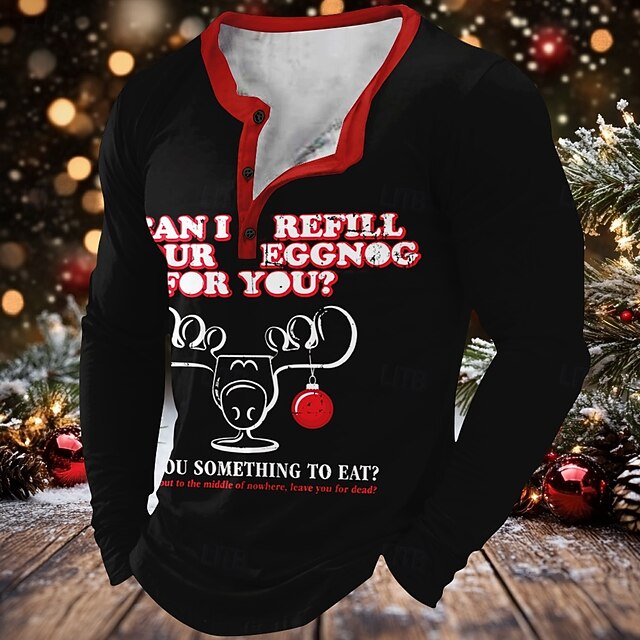 Christmas Men's Funny Christmas Henley T Shirt Letter Print Henley Deer Sports Fashion Daily 3D Printing Long Sleeve Street Casual Daily Black Long Sleeve Henley Collar Button Henley Winter4