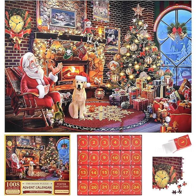  Christmas Advent Calendar 2025 Jigsaw Puzzle 1008 Pieces Puzzle Xmas Gift 24 Days Christmas Countdown Calendars for Kids Adults